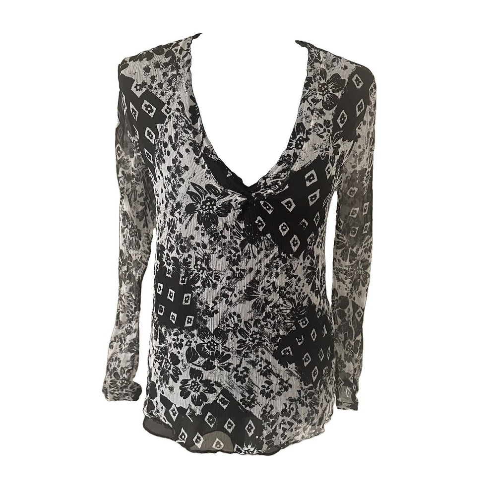 MASSIMO DUTTI 100% Mulberry Silk Crinkle Chiffon Floral Geo Top Black White Sz 4